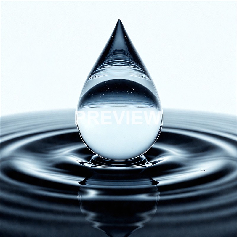 A clear, teardrop-shaped droplet of water is captured mid-splash, sitting atop a ripple on a dark, reflective surface with a minimalist background.